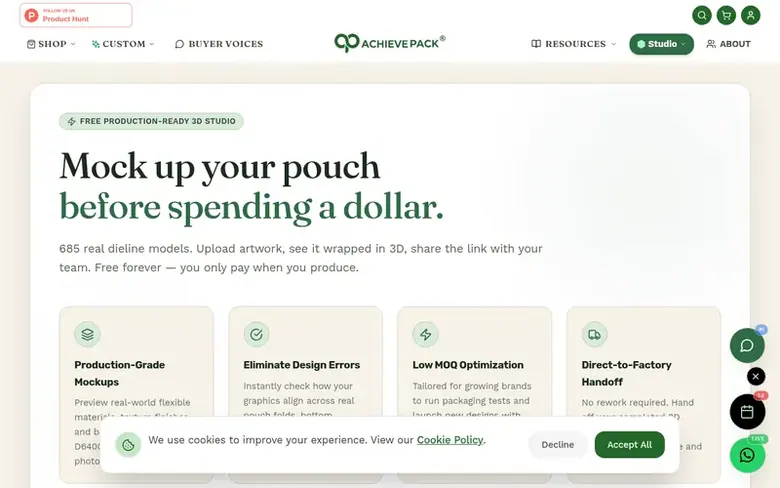 Screenshot of the Achieve Pack homepage