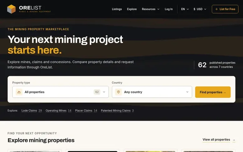 Screenshot of the OreList homepage