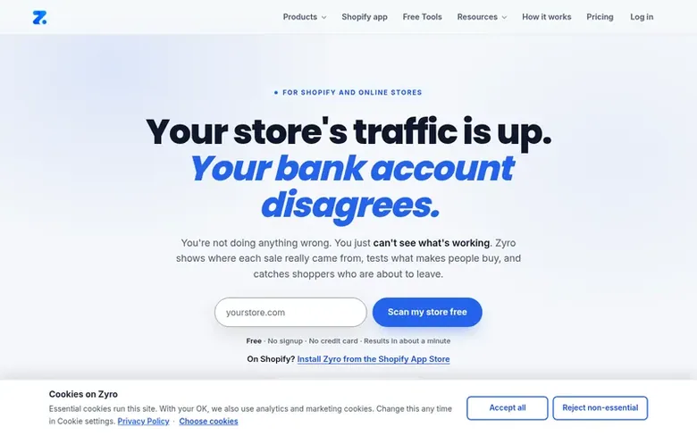 Screenshot of the Zyro homepage