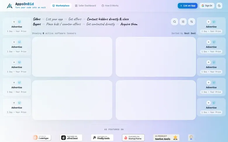 Screenshot of the AppsOnBid homepage
