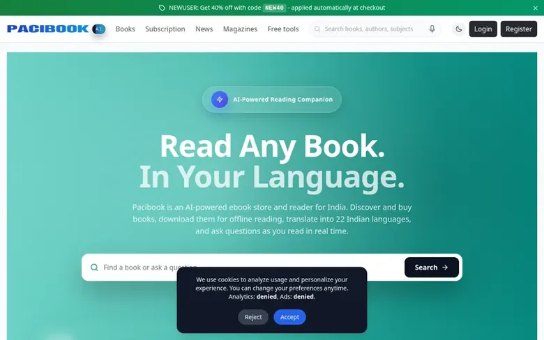 Screenshot of the Pacibook homepage