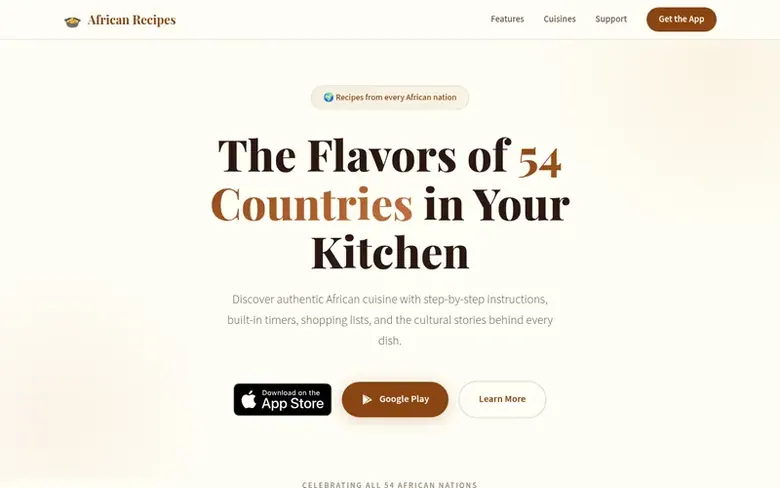 Screenshot of the African Recipes homepage