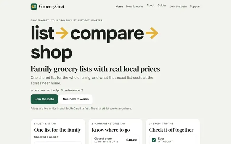 Screenshot of the GroceryGret homepage