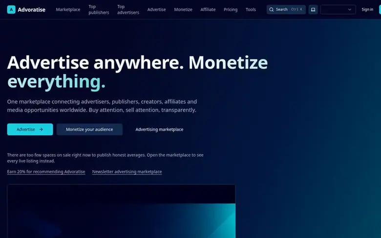 Screenshot of the Advoratise homepage
