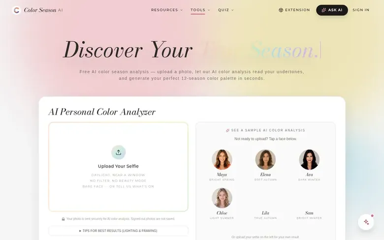 Screenshot of the Color Season AI homepage