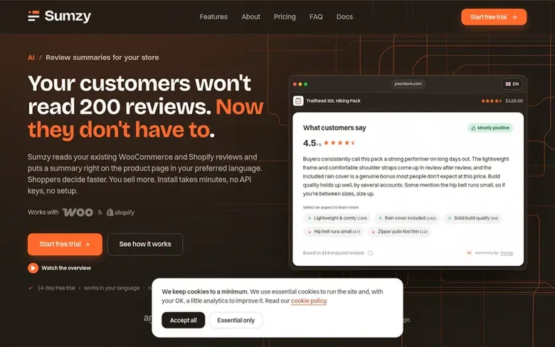 Screenshot of the Sumzy homepage