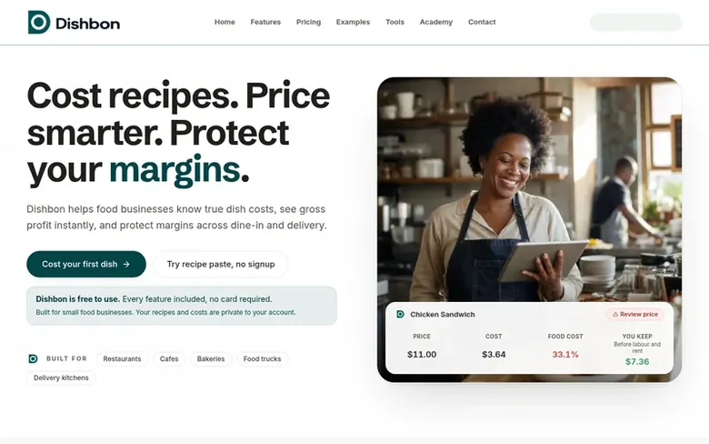Screenshot of the Dishbon homepage