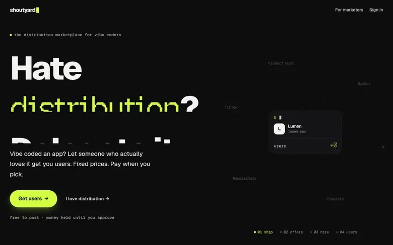 Screenshot of the Shoutyard homepage