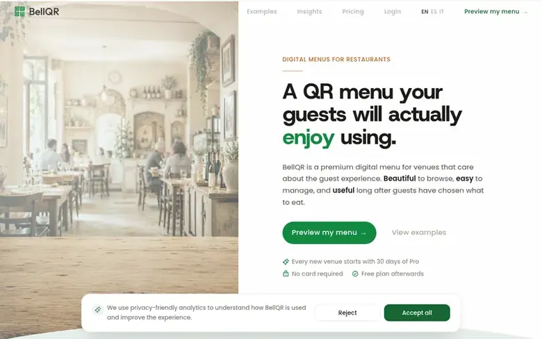Screenshot of the BellQR homepage