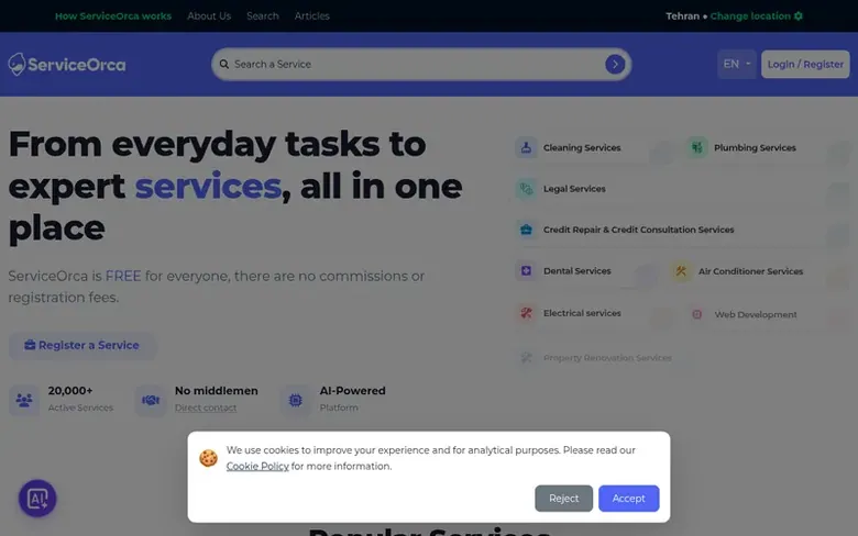 Screenshot of the ServiceOrca homepage