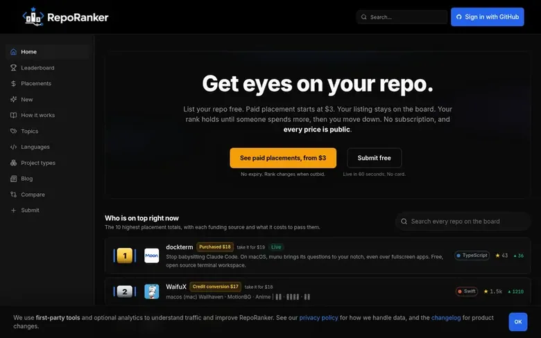 Screenshot of the RepoRanker homepage