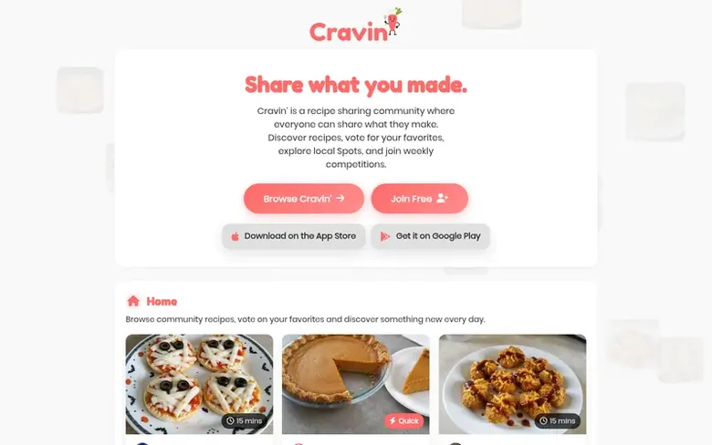 Screenshot of the Cravin' homepage