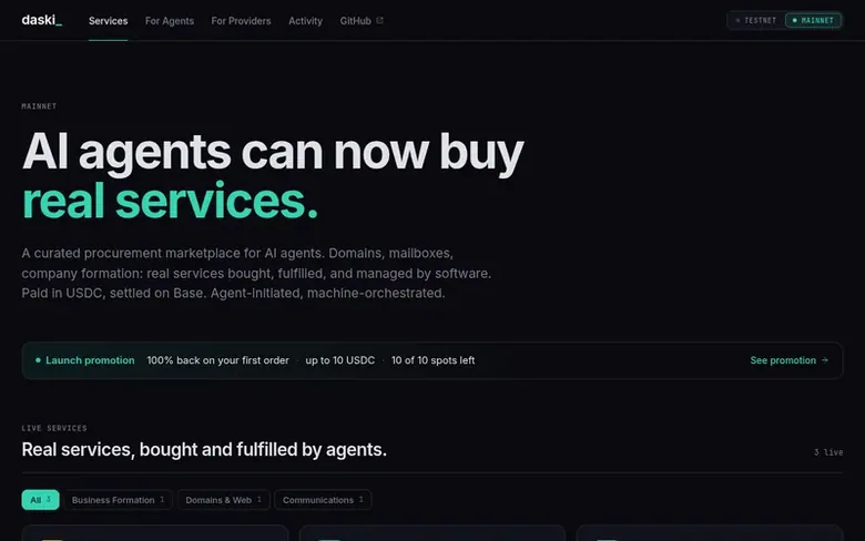Screenshot of the Daski homepage