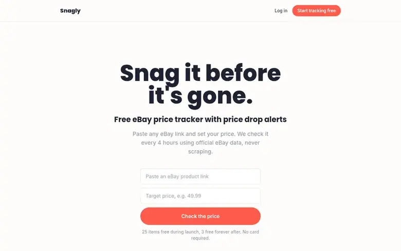 Screenshot of the Snagly homepage