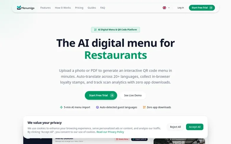 Screenshot of the Menumigo homepage