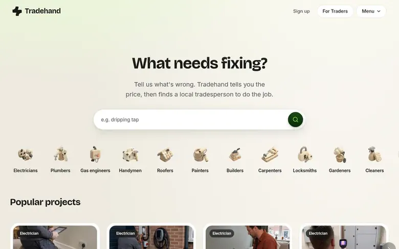 Screenshot of the Tradehand homepage