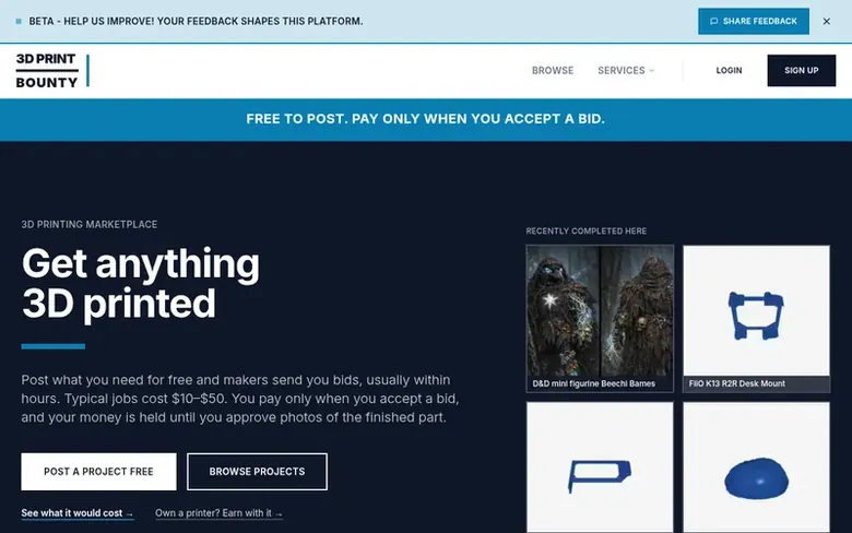 Screenshot of the 3D Print Bounty homepage