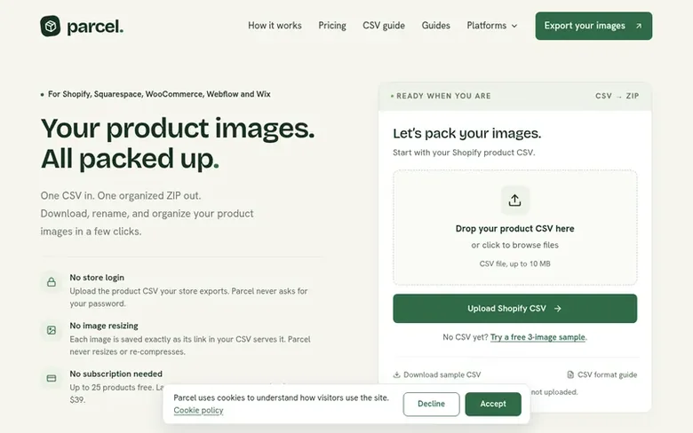 Screenshot of the Parcel homepage