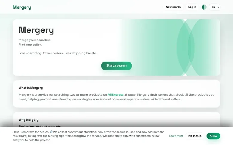 Screenshot of the Mergery homepage