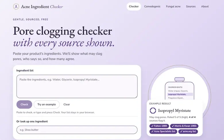 Screenshot of the Acne Ingredient Checker homepage