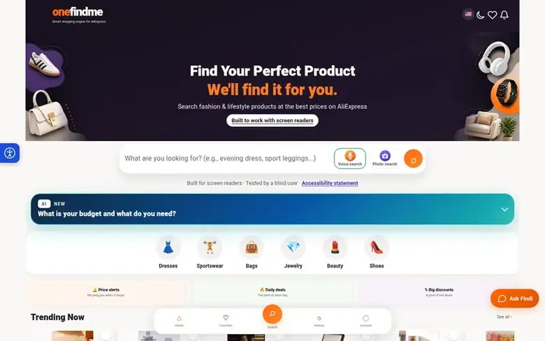 Screenshot of the OneFindMe homepage