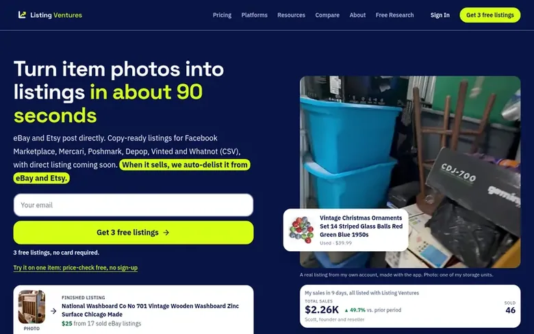 Screenshot of the Listing Ventures AI homepage