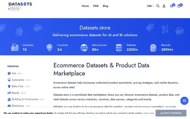 Screenshot of the Datasets.store homepage