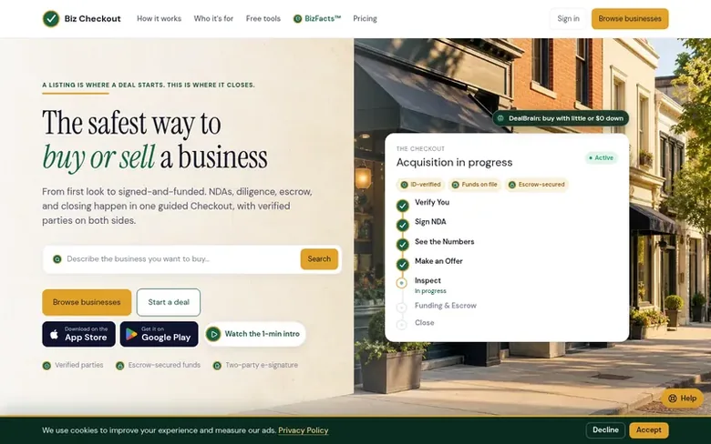 Screenshot of the Biz Checkout homepage