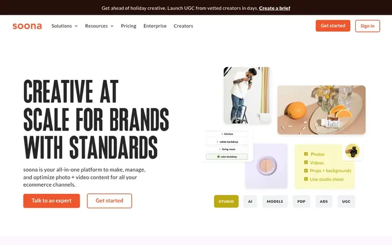 Screenshot of the soona homepage