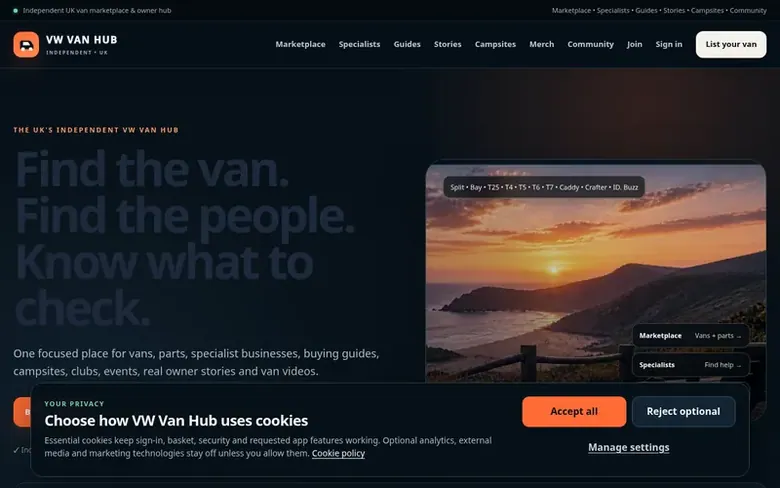 Screenshot of the VW Van Hub homepage