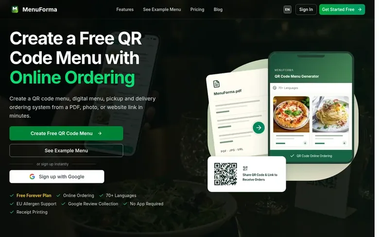 Screenshot of the MenuForma homepage