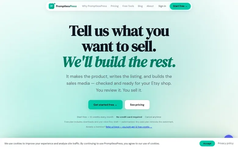 Screenshot of the PromptlessPress homepage