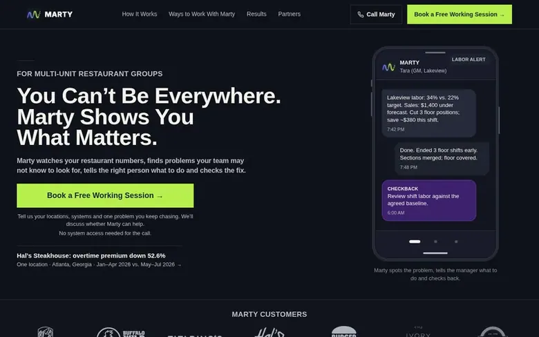 Screenshot of the Marty homepage