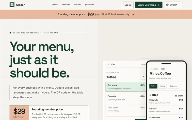 Screenshot of the QRider homepage