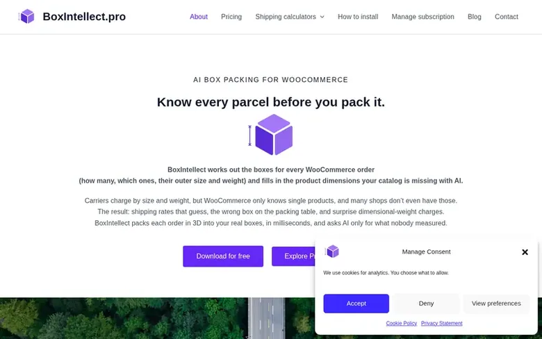 Screenshot of the BoxIntellect homepage