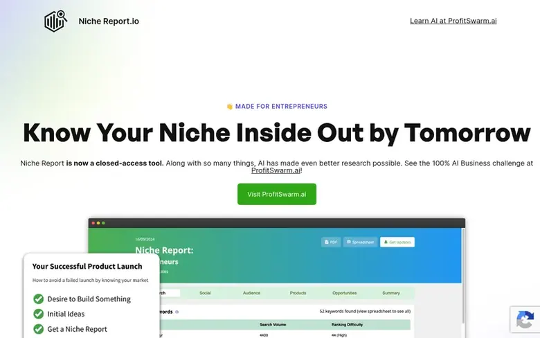 Screenshot of the Niche Report homepage