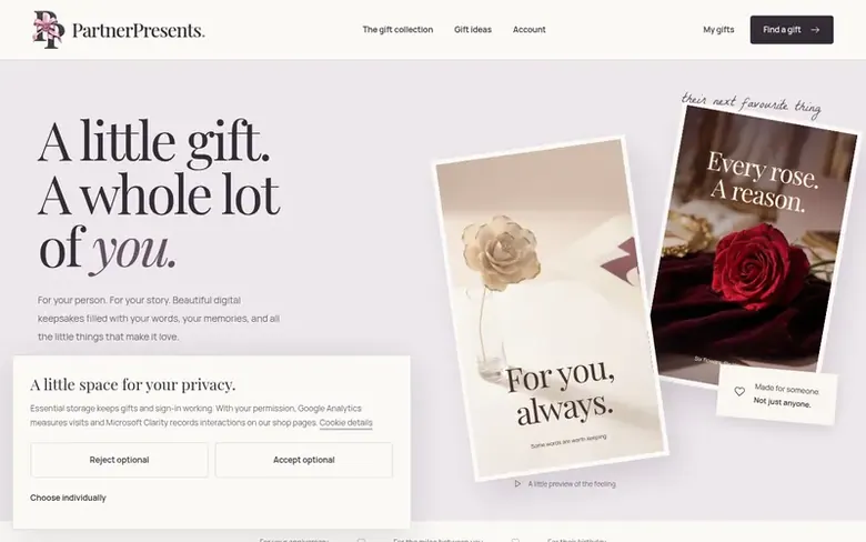 Screenshot of the PartnerPresents homepage