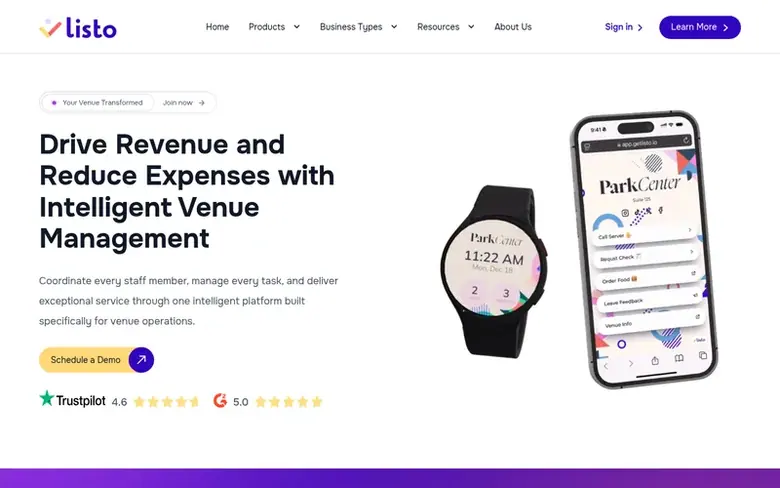 Screenshot of the Listo homepage