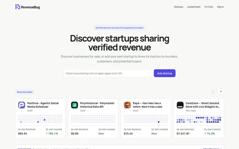 Screenshot of the RevenueBug homepage