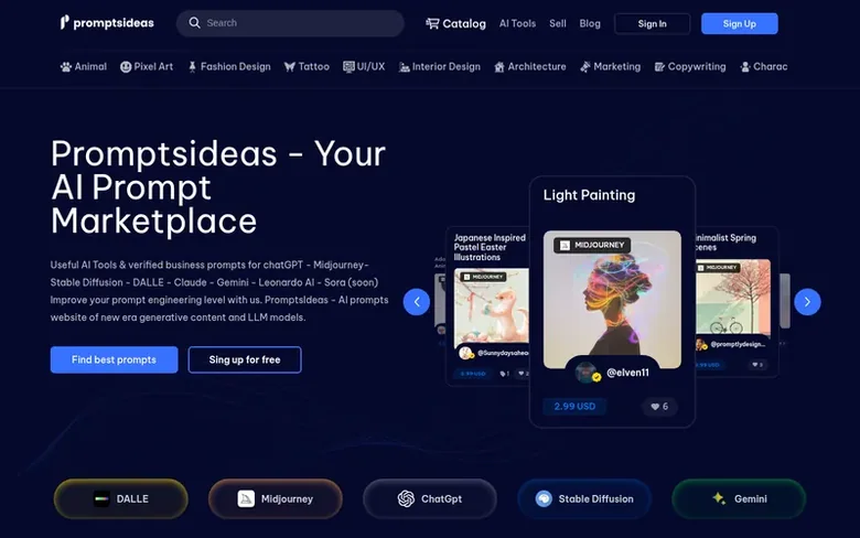 Screenshot of the Prompts Ideas homepage