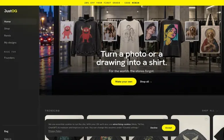 Screenshot of the JustOG homepage