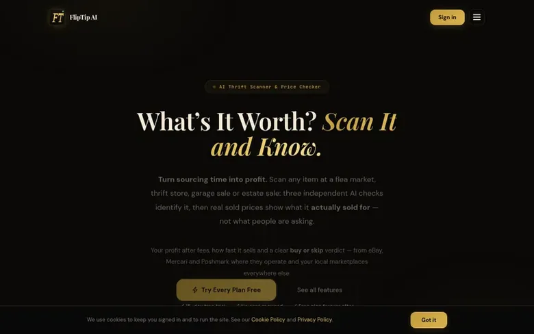 Screenshot of the FlipTip AI homepage