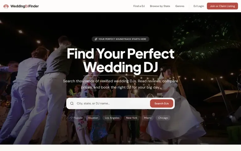 Screenshot of the WeddingDJFinder homepage