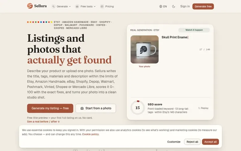 Screenshot of the Sellura homepage