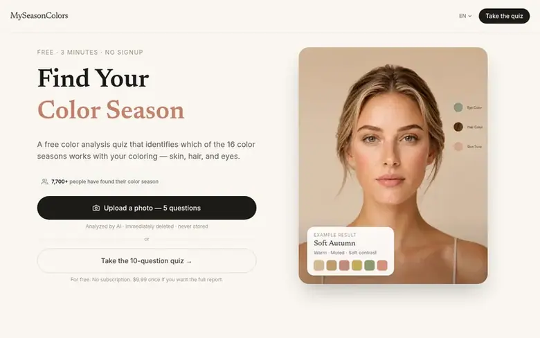 Screenshot of the MySeasonColors homepage