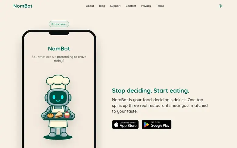 Screenshot of the NomBot homepage