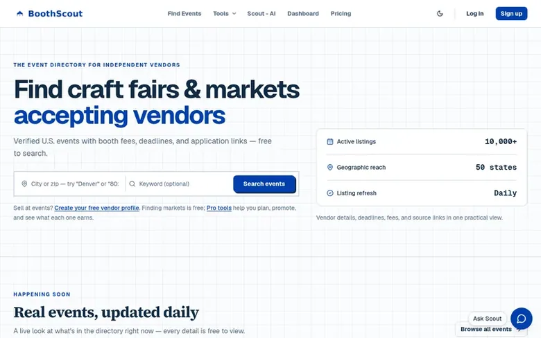 Screenshot of the BoothScout homepage