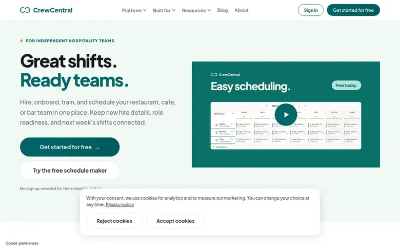 Screenshot of the CrewCentral homepage