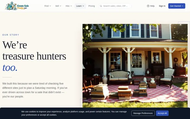 Screenshot of the EstateSaleFinder homepage