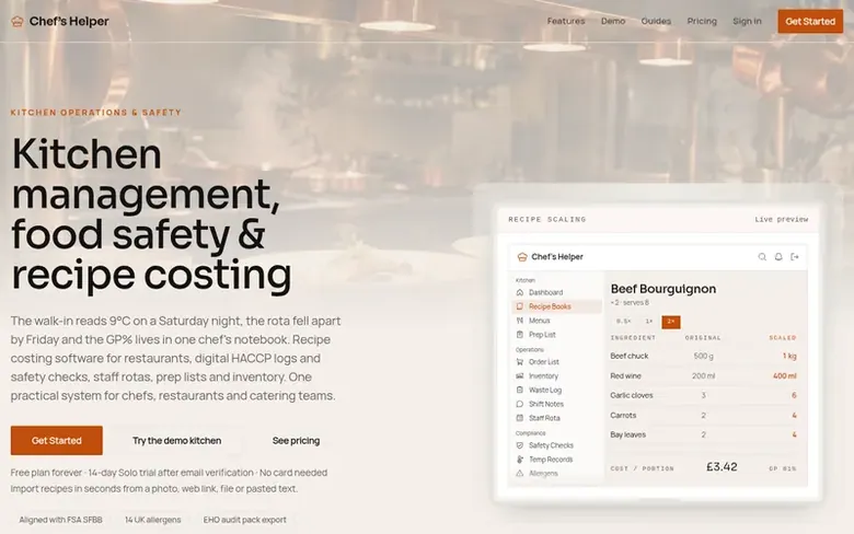 Screenshot of the Chef's Helper homepage